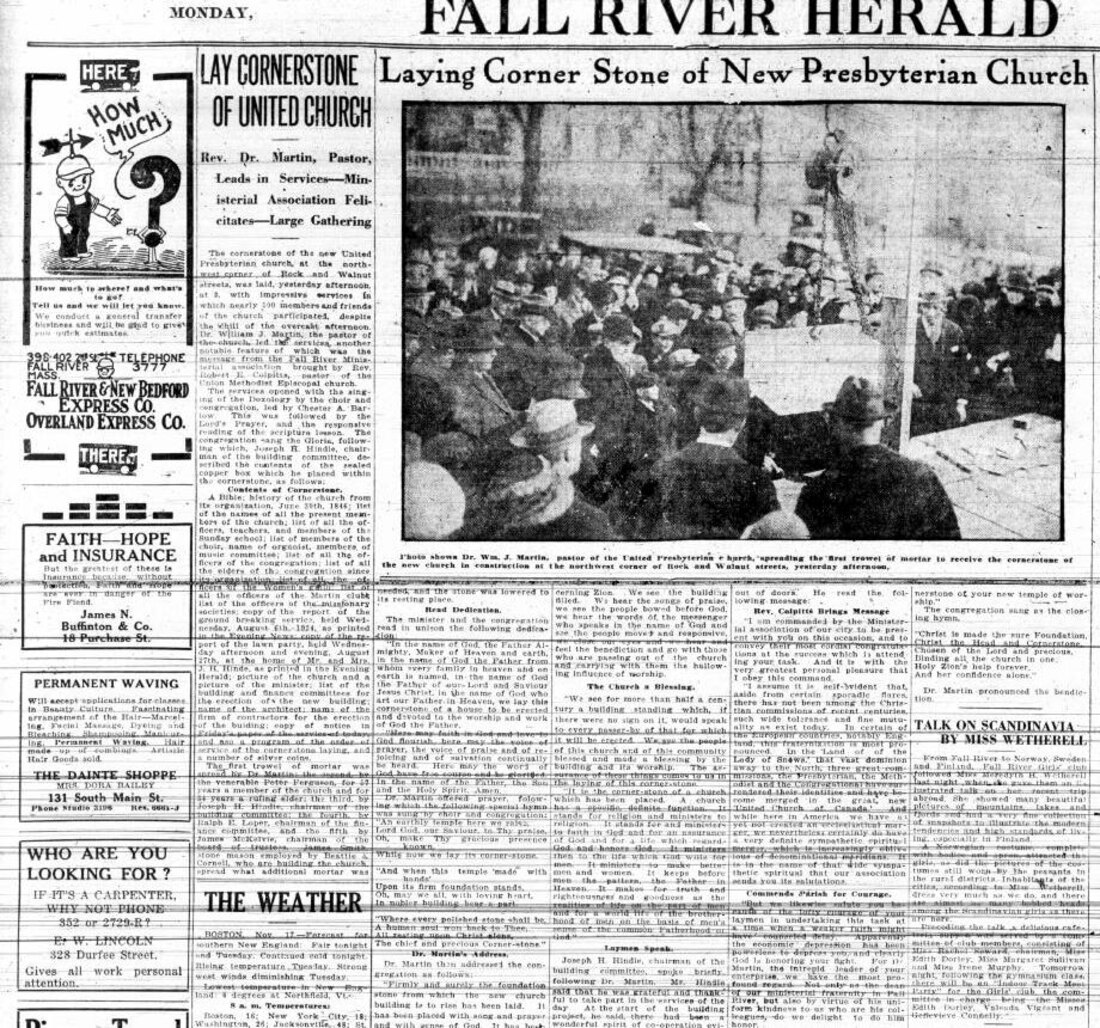 Fall River Herald photographs and report of the church cornerstone ceremony in November 1924