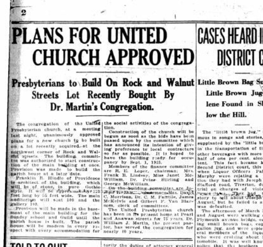 Fall River Herald headline announcing approved plans for the United Presbyterian Church in March 1924