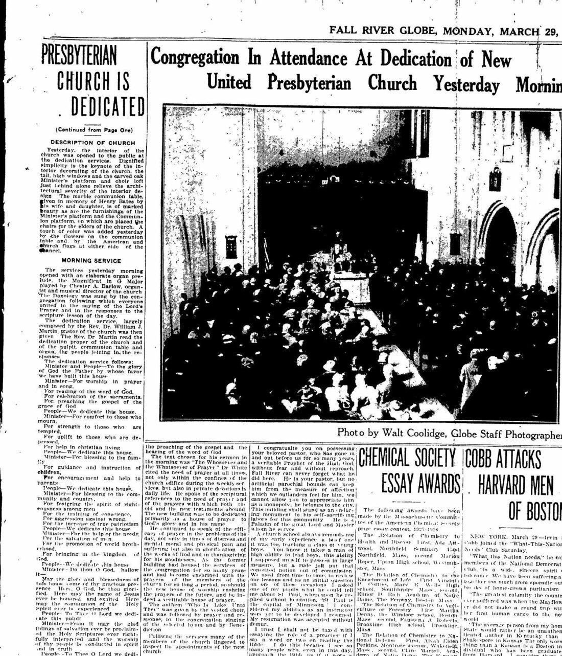 Fall River Globe photograph of the congregation inside the newly dedicated church in March 1926