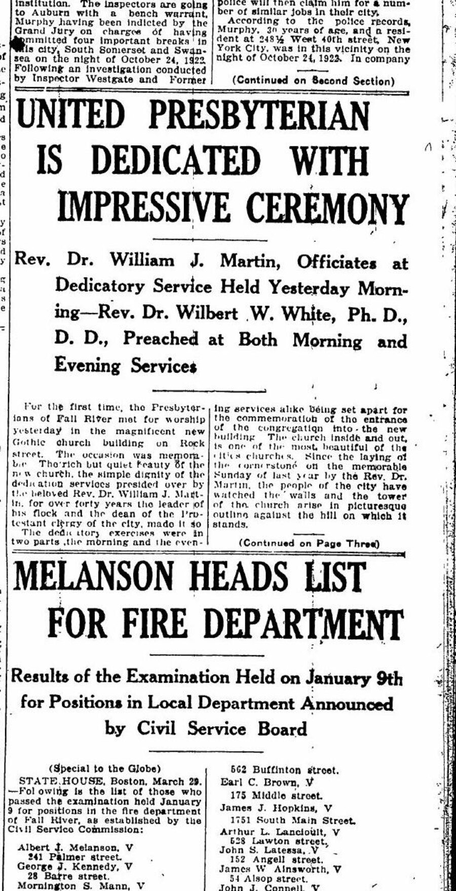 Fall River Globe headline reporting the dedication of the United Presbyterian Church in March 1926