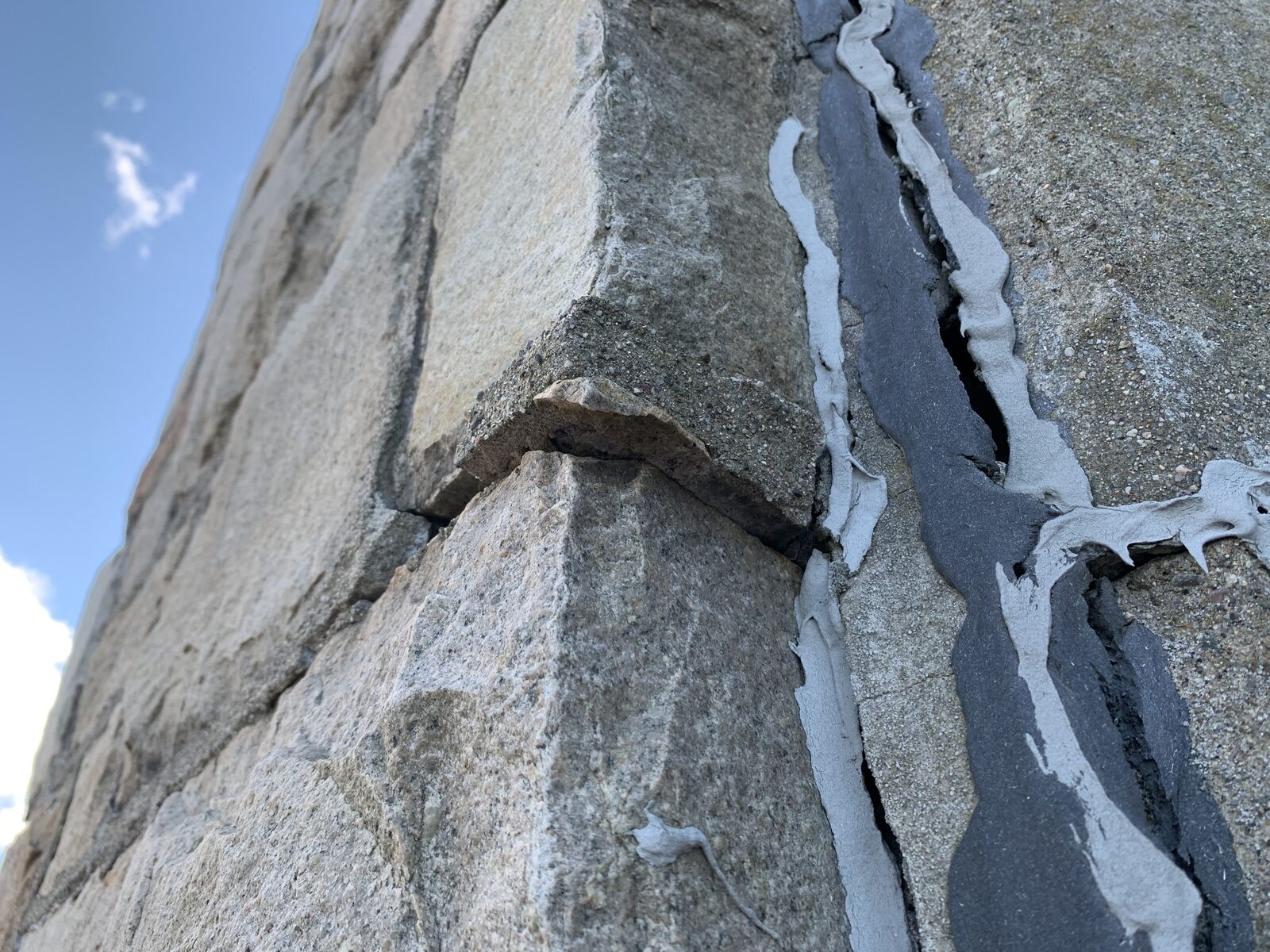 Deteriorated vertical stone joint photographed during the October 2024 inspection