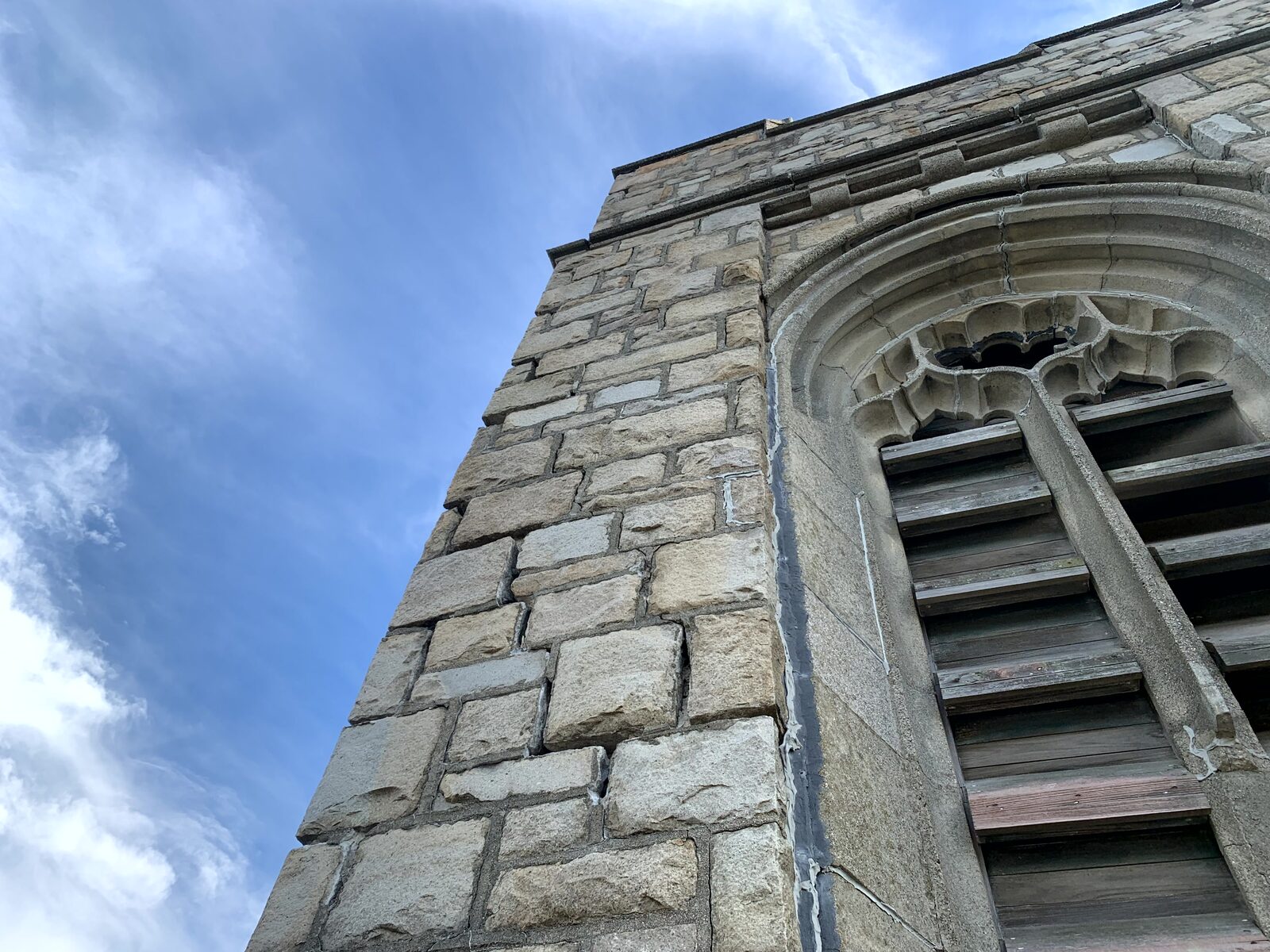 Stonework surrounding a Gothic tower opening